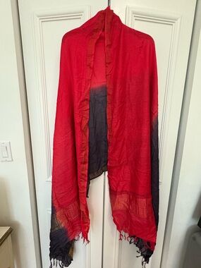 Red and Navy Lightweight Ombre Wrap Scarf. Silk Blend